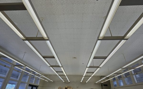 New acoustic ceiling tile and linear light fittings installed across a classroom ceiling grid