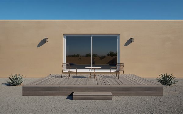 Design rendering of a low gray brown composite deck behind a tan stucco house, with boards running out from a sliding glass door, a matching step, two chairs and a small round table, and agave in gray gravel on each side
