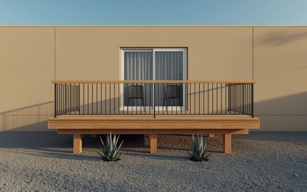 Design rendering of a low wood deck against a tan stucco house, with a wood top rail over thin black metal bars, two dark chairs in front of a curtained sliding glass door, square wood posts, and agave in gray gravel
