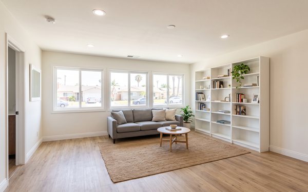 Design rendering of a garage converted into a bright family room, with three windows where the garage door opening was, oak plank flooring and white shelving