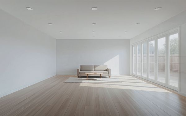 Design rendering of a long white living room with recessed ceiling lights, a light wood look plank floor, a small sofa and coffee table on a rug, and a wall of tall glass panels