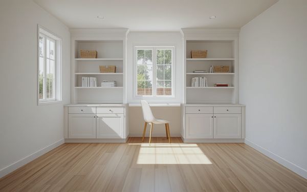Design rendering of a small white home office with two cabinet and shelf units flanking a window, a white chair at the counter between them, and a wood look plank floor