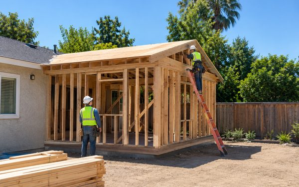 Two story room addition under construction with new framing, sheathing, and scaffolding against the existing house