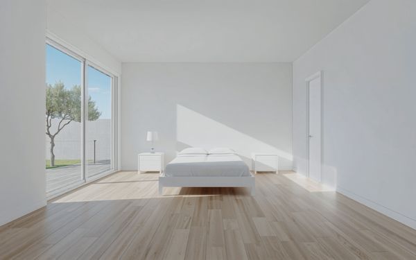 Design rendering of a bright white bedroom with a double bed between two nightstands, a light wood look plank floor, and a tall sliding glass door opening to a deck and an olive tree