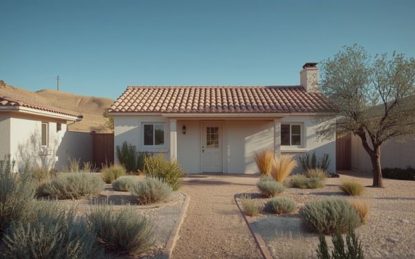 Design rendering of a small cream stucco backyard cottage with a clay colored tile roof, a recessed porch on two posts, and a gravel path through drought tolerant planting beneath dry hills