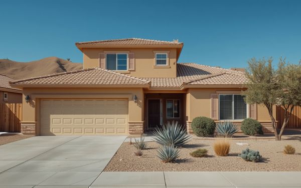 Design rendering of a tan stucco two story home with an upper floor set above the entry and part of the two car garage, matching tile roofs, a concrete driveway, and a gravel yard with agave
