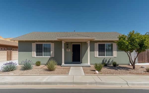 Design rendering of a single story ranch house painted muted sage green with off white trim, shutters and porch posts, a dark front door, and a gravel front yard with lavender and agave