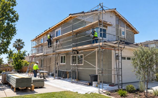 Crew reroofing and residing a Victorian home during a whole house renovation, with materials staged across the front lawn