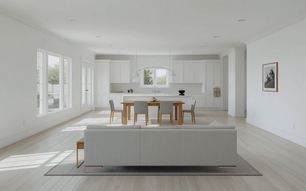 Design rendering of an open plan main floor with a white shaker kitchen and island at the back, a wood dining table with four chairs, a light gray sofa on a rug, and one light wood look plank floor through all three areas