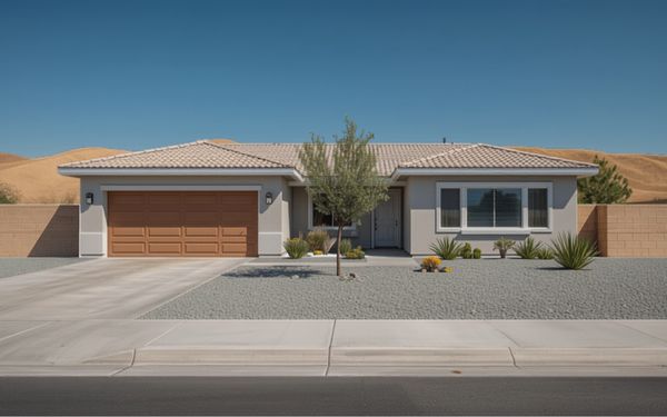 Design rendering of a single story stucco home painted light warm gray with white trim, a wood tone garage door, a concrete tile roof, a gravel front yard with agave and a young olive tree, and tan block walls at each side