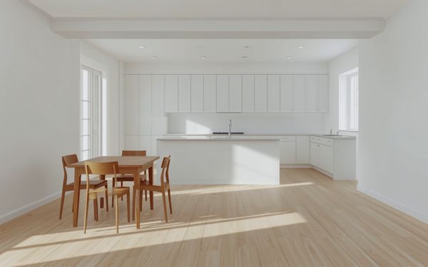 Design rendering of a dining area open to a white kitchen, with a smooth white beam across the ceiling and no posts, a wood table with four chairs, a white island, and a light wood look plank floor