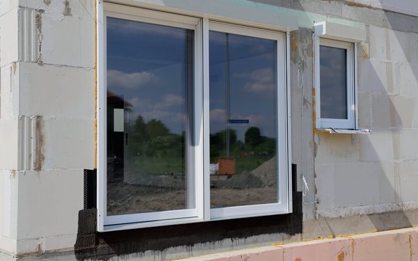 New sliding window set into a prepared rough opening with the exterior trim and flashing still to be finished