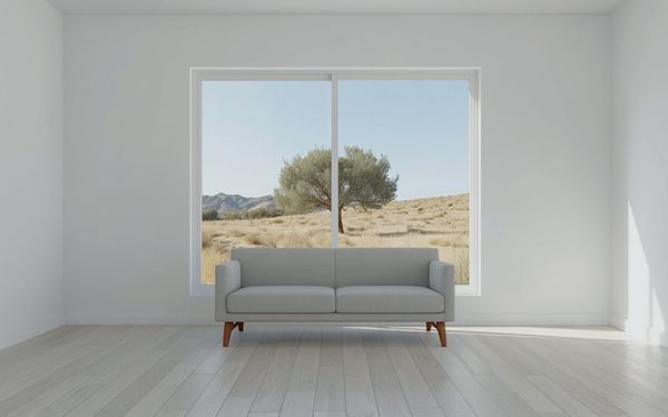 Design rendering of a plain white living room with a large two panel sliding window in a white frame, a light gray sofa below it, a light wood look plank floor, and a view of an olive tree and dry golden hills