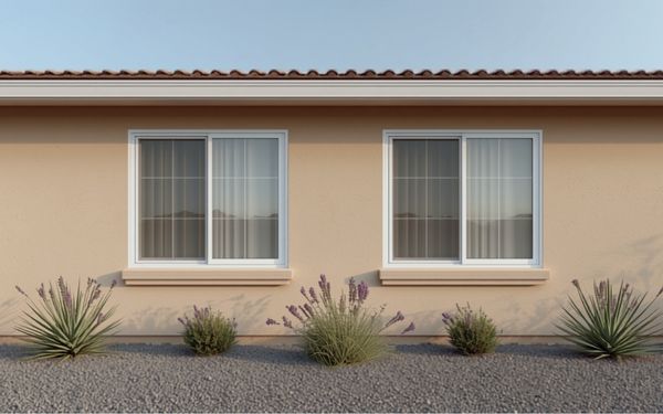 Design rendering of a light tan stucco wall with two matching white sliding windows in slim frames with stucco sills, a tile roof eave above, and a gravel bed with agave and lavender along the wall